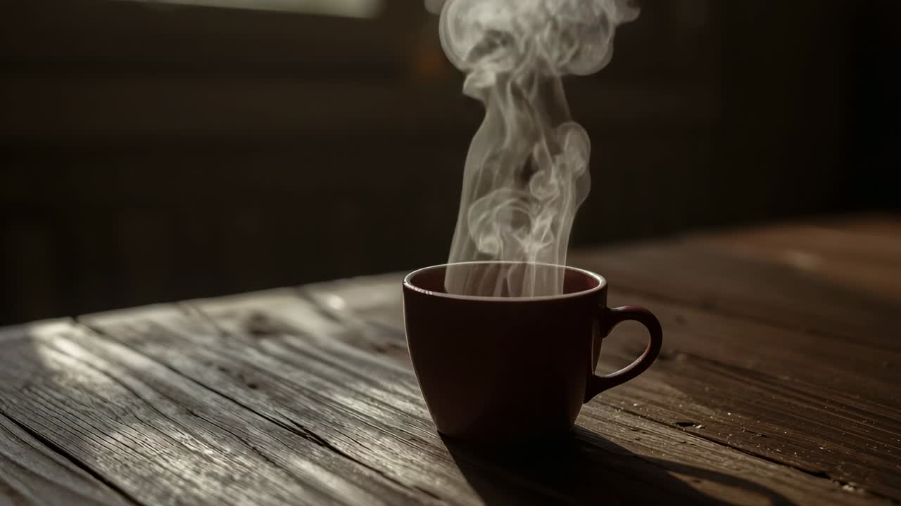 Placing dark ceramic mug of hot beverage on wooden tabletop by window, rising steam plume swirling