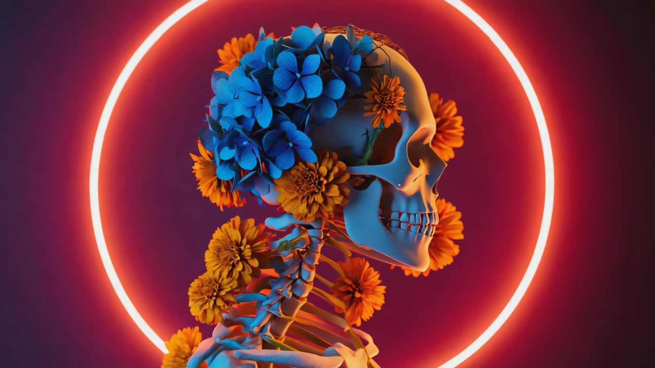 Floral Skeleton with Neon Glow