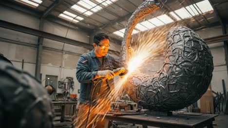 a metal sculptor showcases craftsmanship and skill in workshop, creating an intricate sculpture with dynamic form while working with sparks and tools