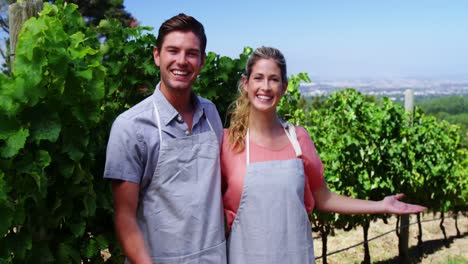 pareja sonriente de pie en el viñedo