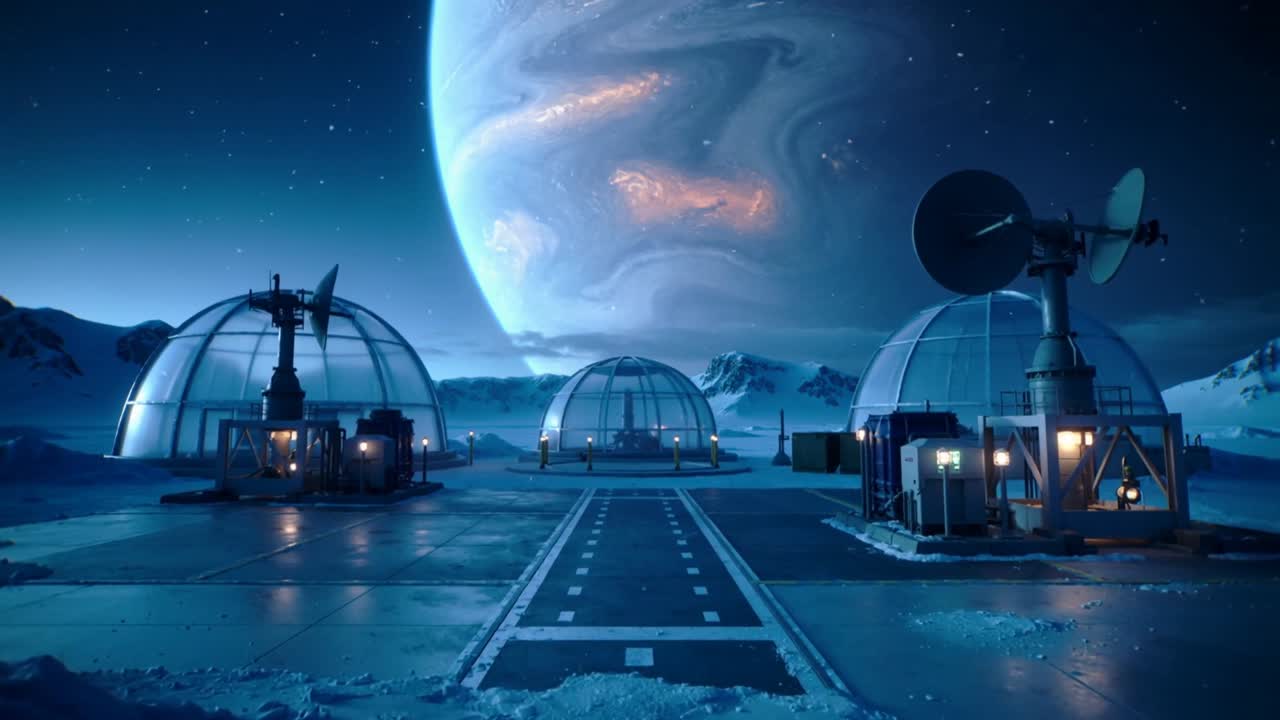 Camera dolly pushing viewpoint forward and right over frozen outpost pad, revealing parabolic dish