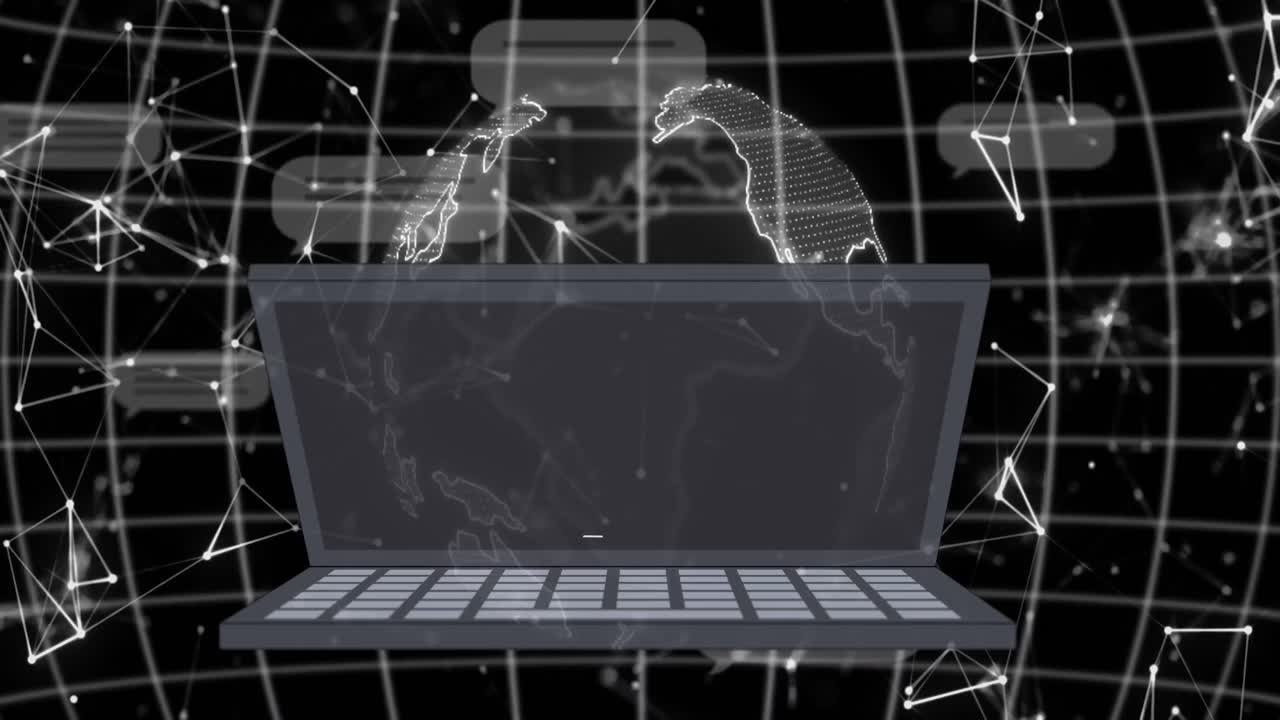 노트북 및 그리드 및 어두운 배경에서 ai 데이터 처리의 애니메이션