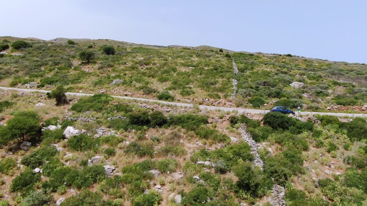 rock wall divide rural fields. Mediterranean landscape Crete, Greece. Aerial