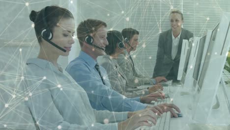 Animation-of-networks-of-connections-over-business-people-using-phone-headsets