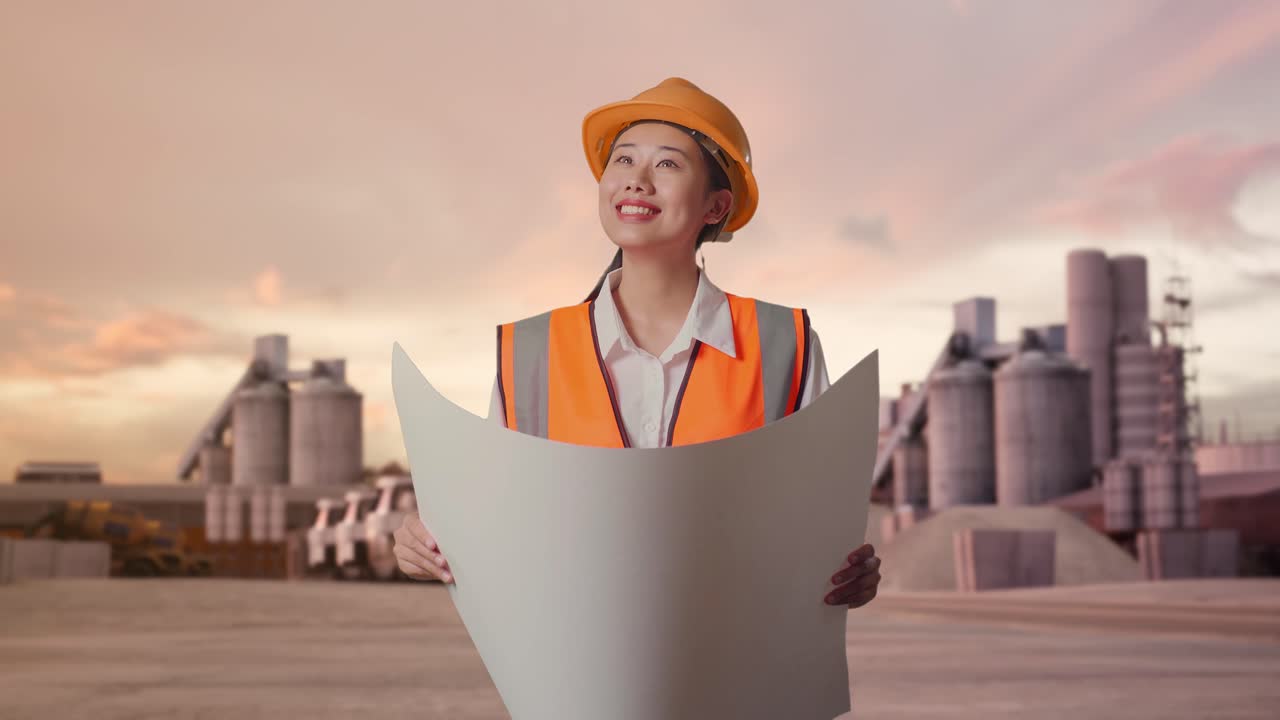 Ingeniera asiática con casco de seguridad mirando un plano en sus manos y observando a su alrededor mientras está de pie en una planta de cemento industrial con camiones hormigonera al atardecer
