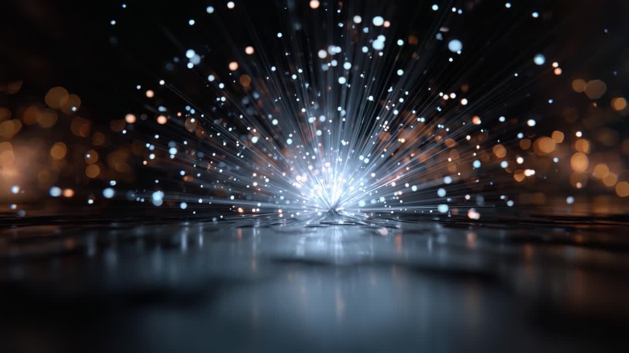 Uno spettacolo ipnotico di scintille radiose e particelle scintillanti che emanano da un punto centrale, creando una vivida interazione di luce e colore su uno sfondo scuro