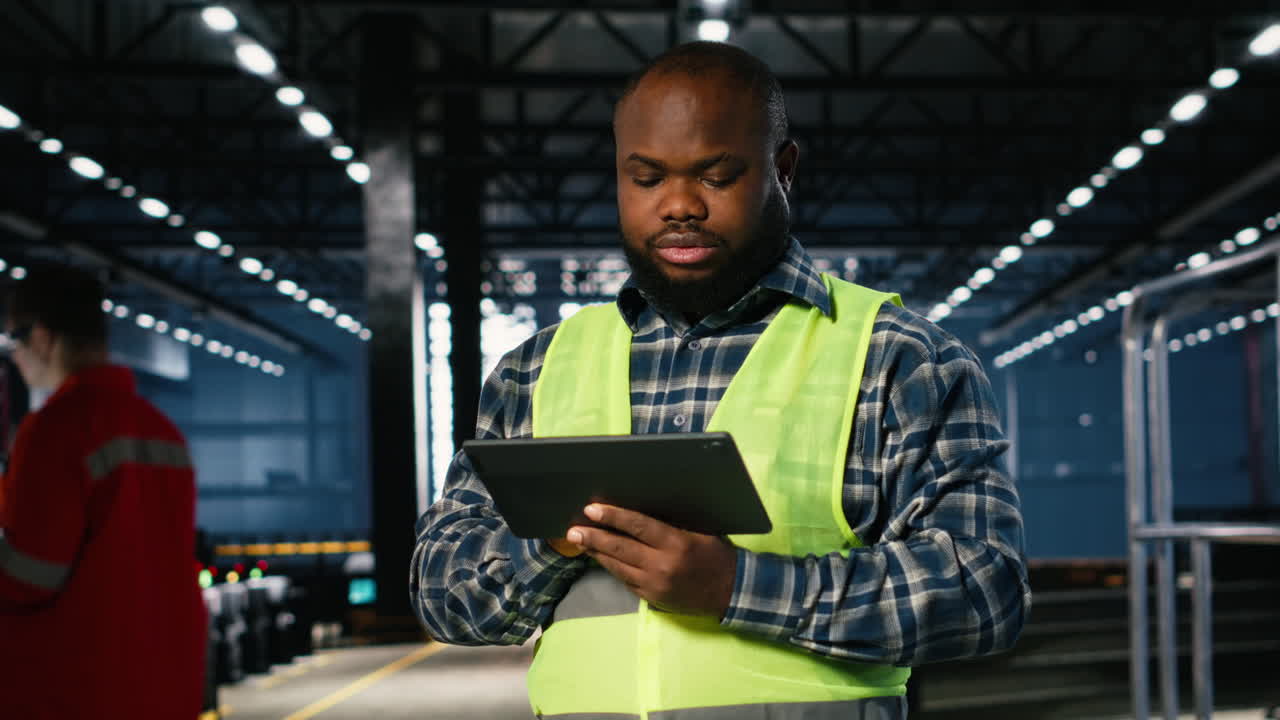 Factory supervisor checks assembly equipment on a tablet in manufacturing plant