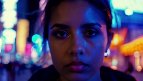 retrato de una mujer joven en una ciudad por la noche