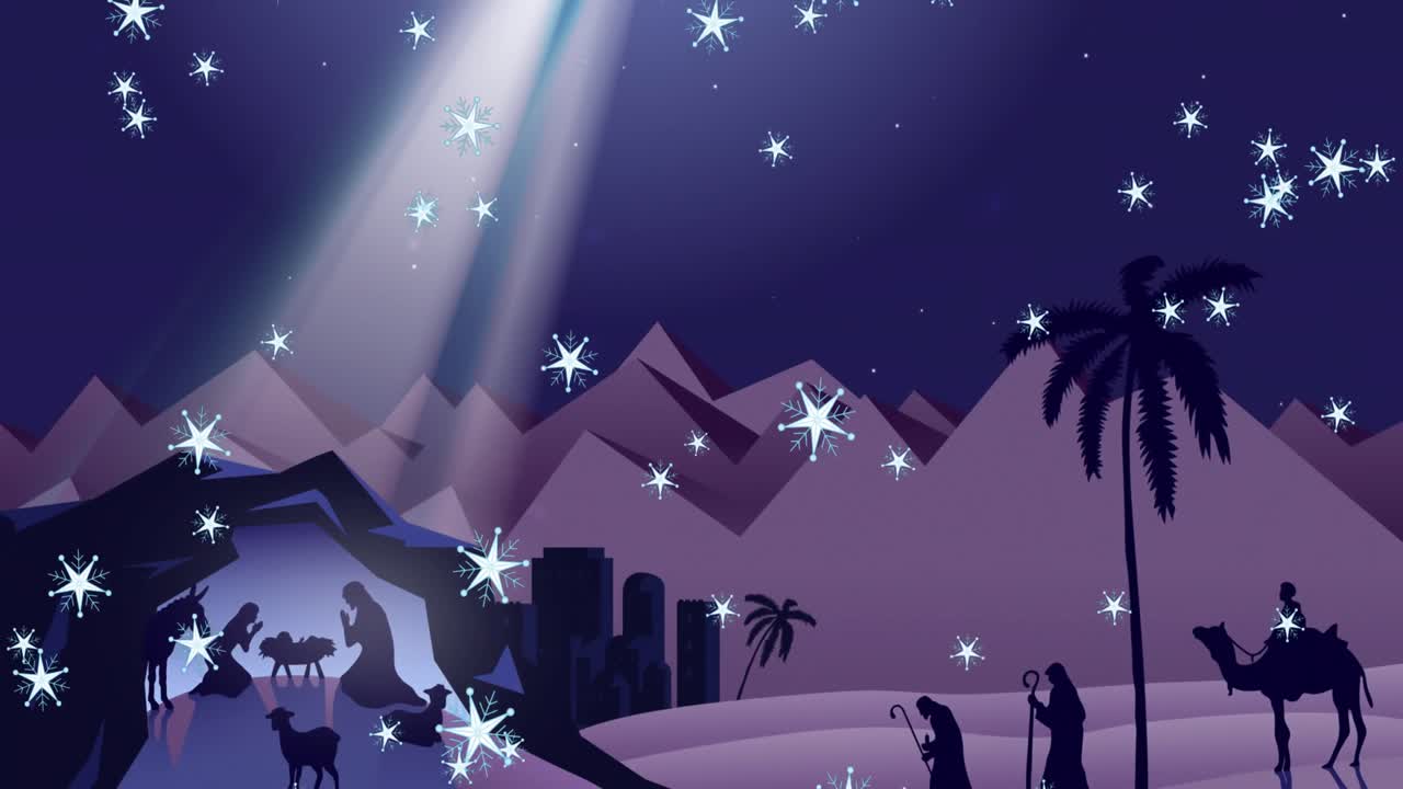 Animazione di fiocchi di neve sui Re Magi e il presepe su sfondo blu