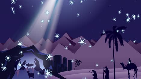 animation of snowflakes over three kings and nativity scene on blue background