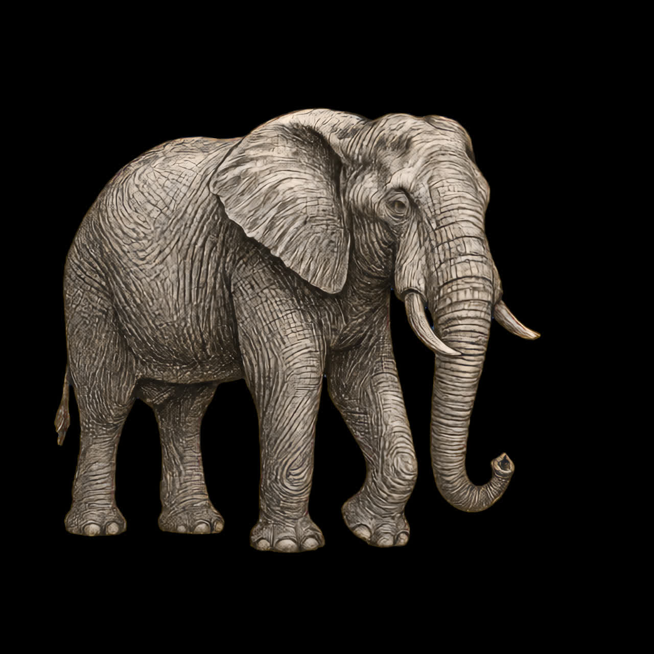 Detailed elephant illustration animation isolated asset, transparent 4K video, alpha channel, ProRes