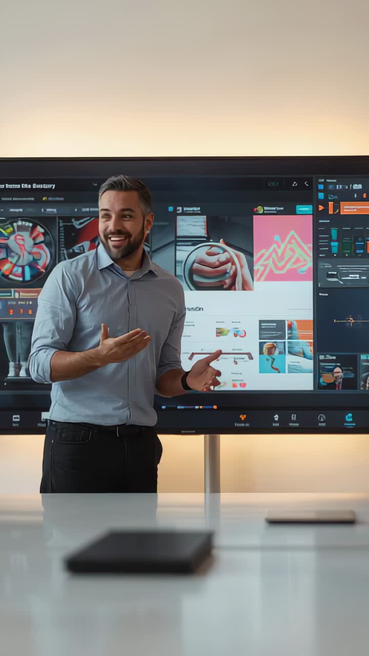 Vertical video: Gesturing host in blue shirt explaining charts in meeting room, prompted by display