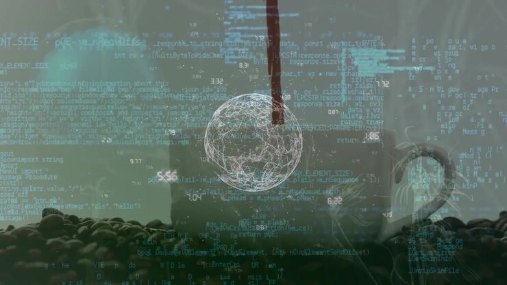 Animation of data processing over connections and cityscape