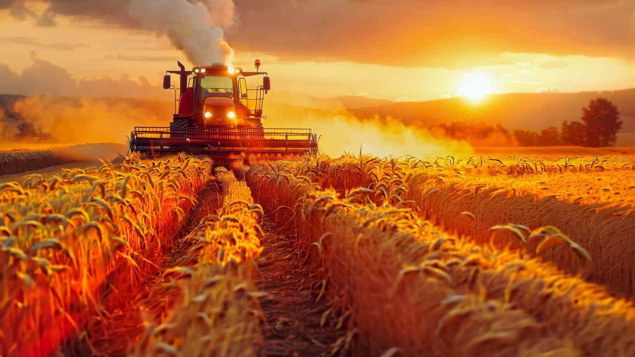 Sunset Harvesting Wheat Fields With Tractor in Rural Landscape. A tractor harvests golden wheat under a vibrant sunset sky, creating a serene rural atmosphere.