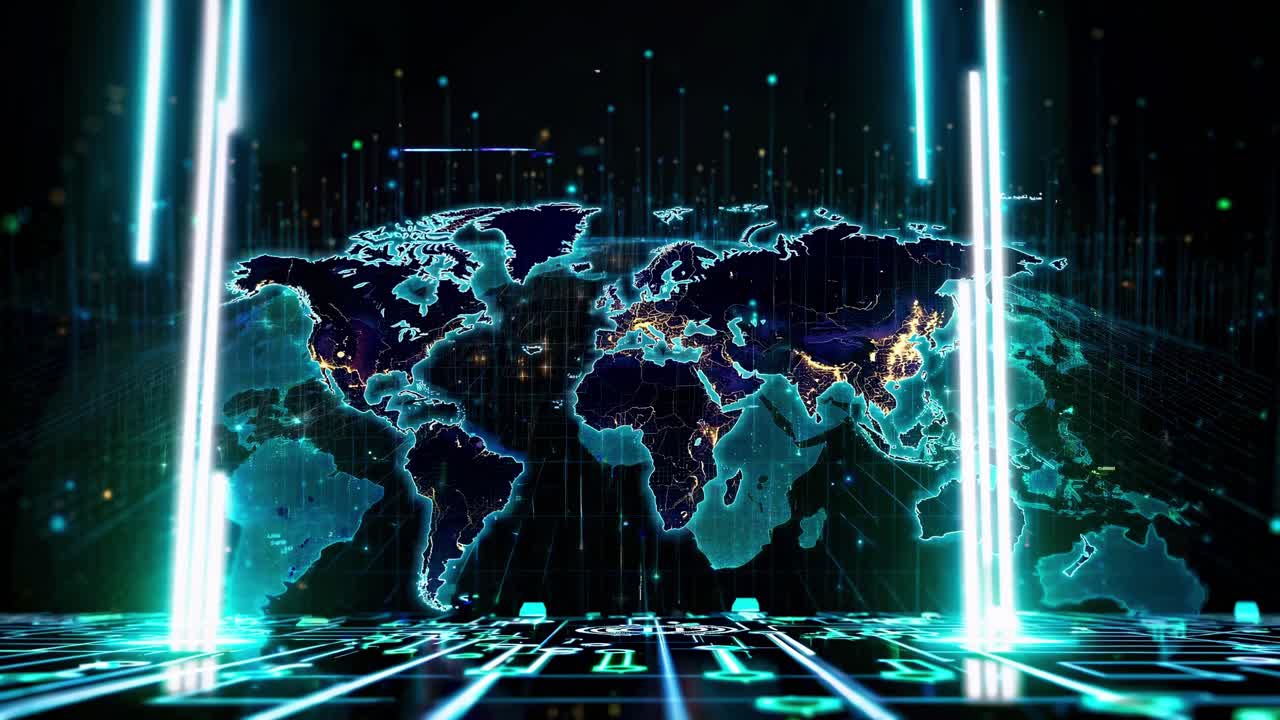 Futuristic video concept of a digital world map with glowing lines and data streams
