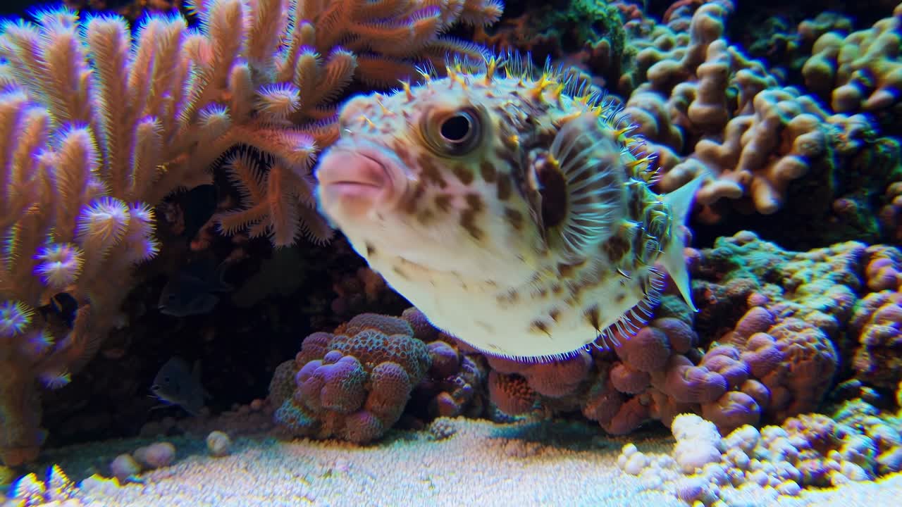 Scena video di un pesce palla che nuota tra le barriere coralline