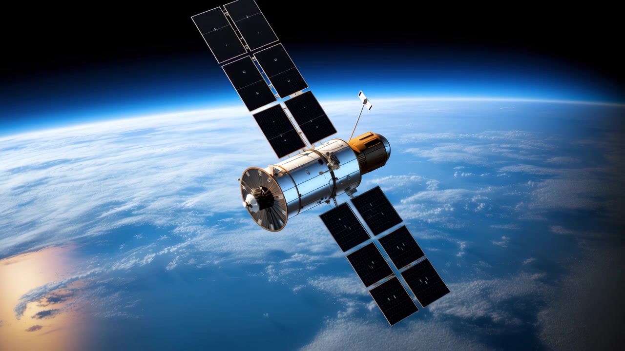Moderne satellit kredser om Jorden med solpaneler i rummet
