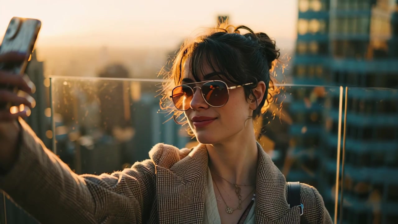 Footage of a stylish young woman in sunglasses taking a selfie with a smartphone on a rooftop terrace at sunset, with modern city skyline and warm evening light