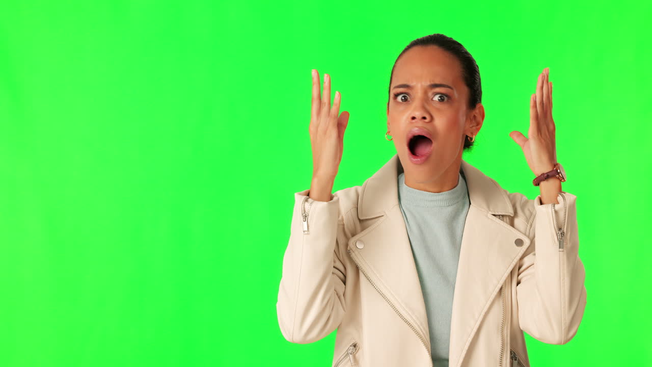 Green screen, woman and face with mind blown hands
