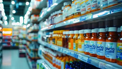 pharmacy shelves with medicines and products