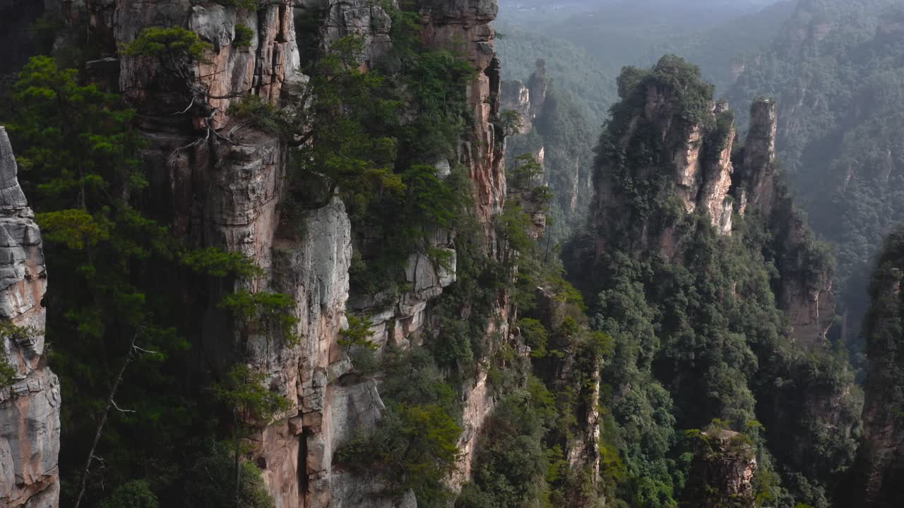 vista aérea inclinada hacia arriba que revela la altura de los pilares de piedra de zhangjiajie
