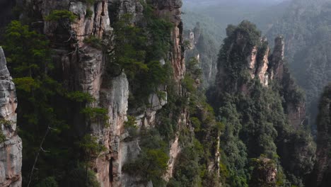 tilt up aerial view revealing height of zhangjiajie stone pillars