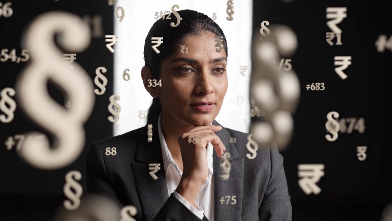Confident Businesswoman Contemplating Financial Themes in Modern Office Setting with Symbols Representing Wealth and Trade in the Background