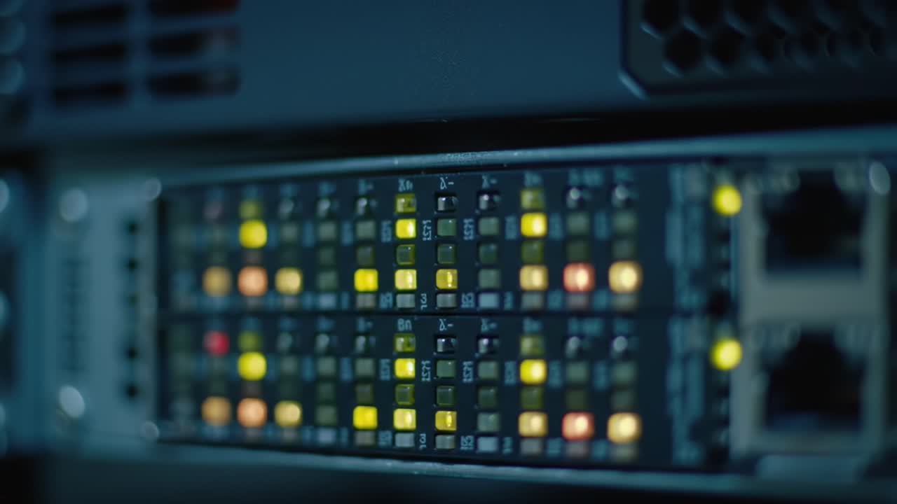 Bright lights on the server display show different colors, indicating active connections and data transfer in a data center at night.