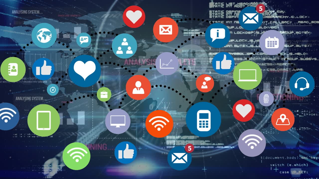 데이터, 세계 지도 및 검은 바탕 위에 소셜 미디어 아이콘의 애니메이션