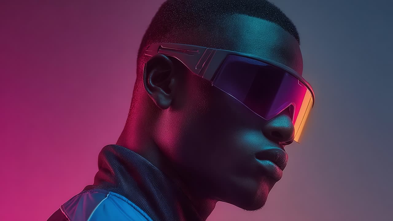 Stylish Young Man Posing in Futuristic Sunglasses Against a Vibrant Background, Showcasing Modern Fashion and Unique Color Palette, Emphasizing Personal Expression and Trendsetting Culture