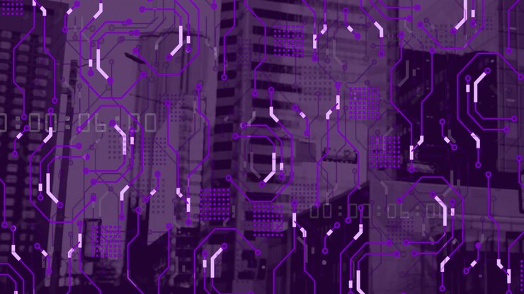 Animation of data processing, cityscape and connections