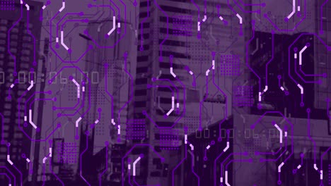 Animation of data processing, cityscape and connections