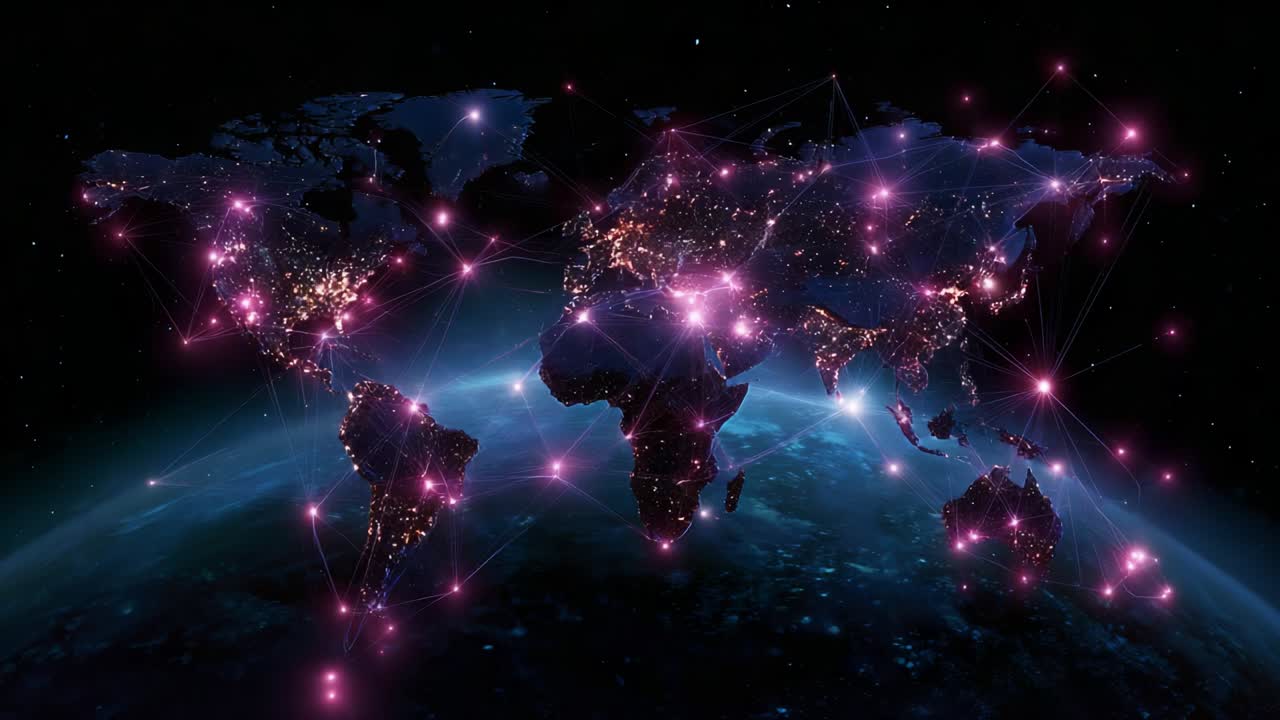 An Impressive Visual Representation of a Global Network, Showcasing the Earth's Continents Interconnected by a Web of Bright Pink Light, Depicting Data Flow and Connectivity Across Regions