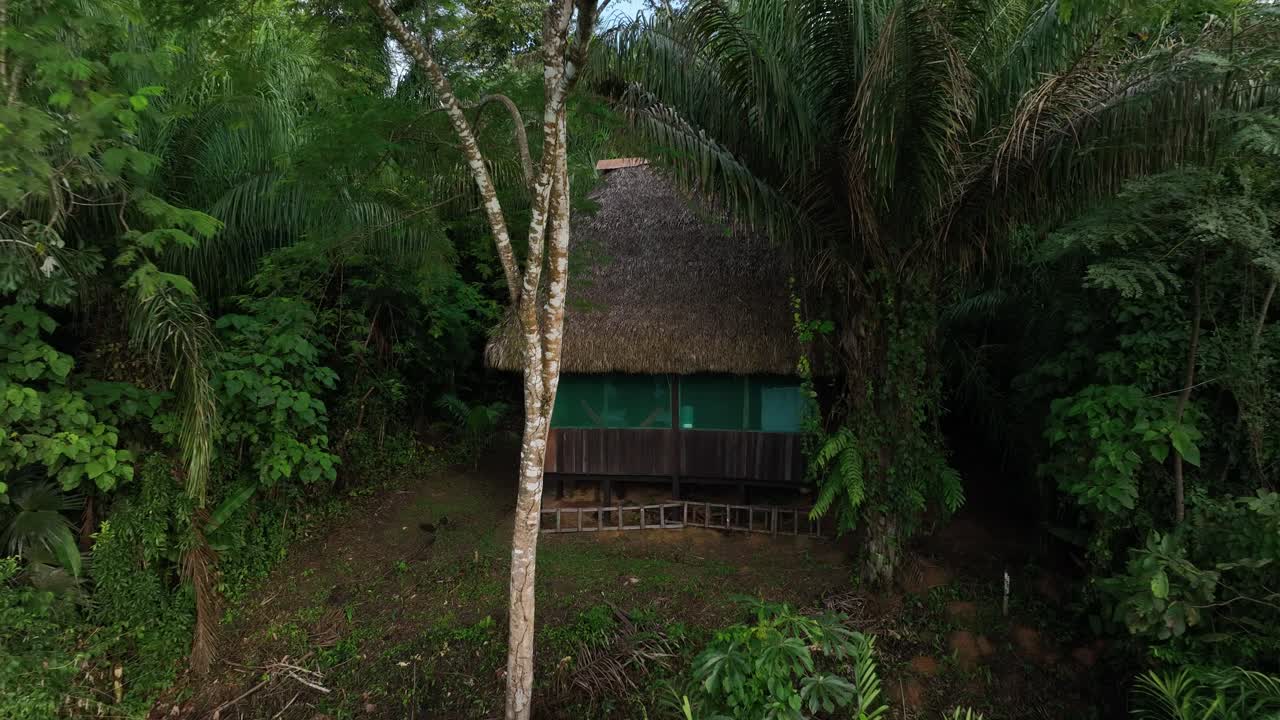 vista aérea de drones de la cabaña de la selva en la amazonia, rodeada de árboles, ríos, clima tropical, animales salvajes, lluvia en el bosque