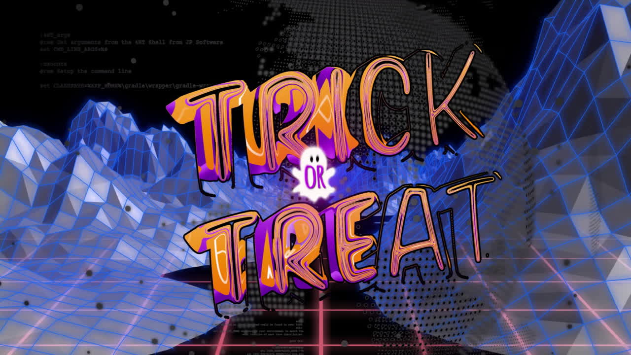 Animation of ghost over digital landscape with glowing grid and Trick or Treat text
