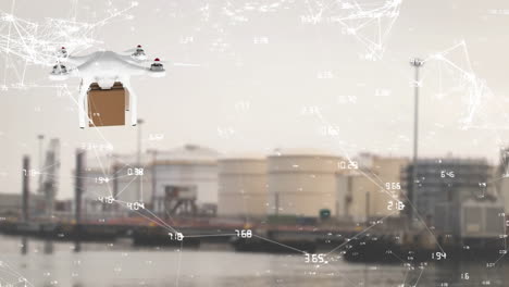 animación de la red de conexiones a través de drones con paquetes sobre el puerto