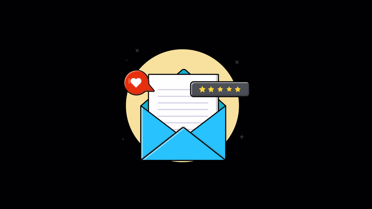 Animert illustrasjon av e-postmelding med tilbakemelding og vurderingsstjerner