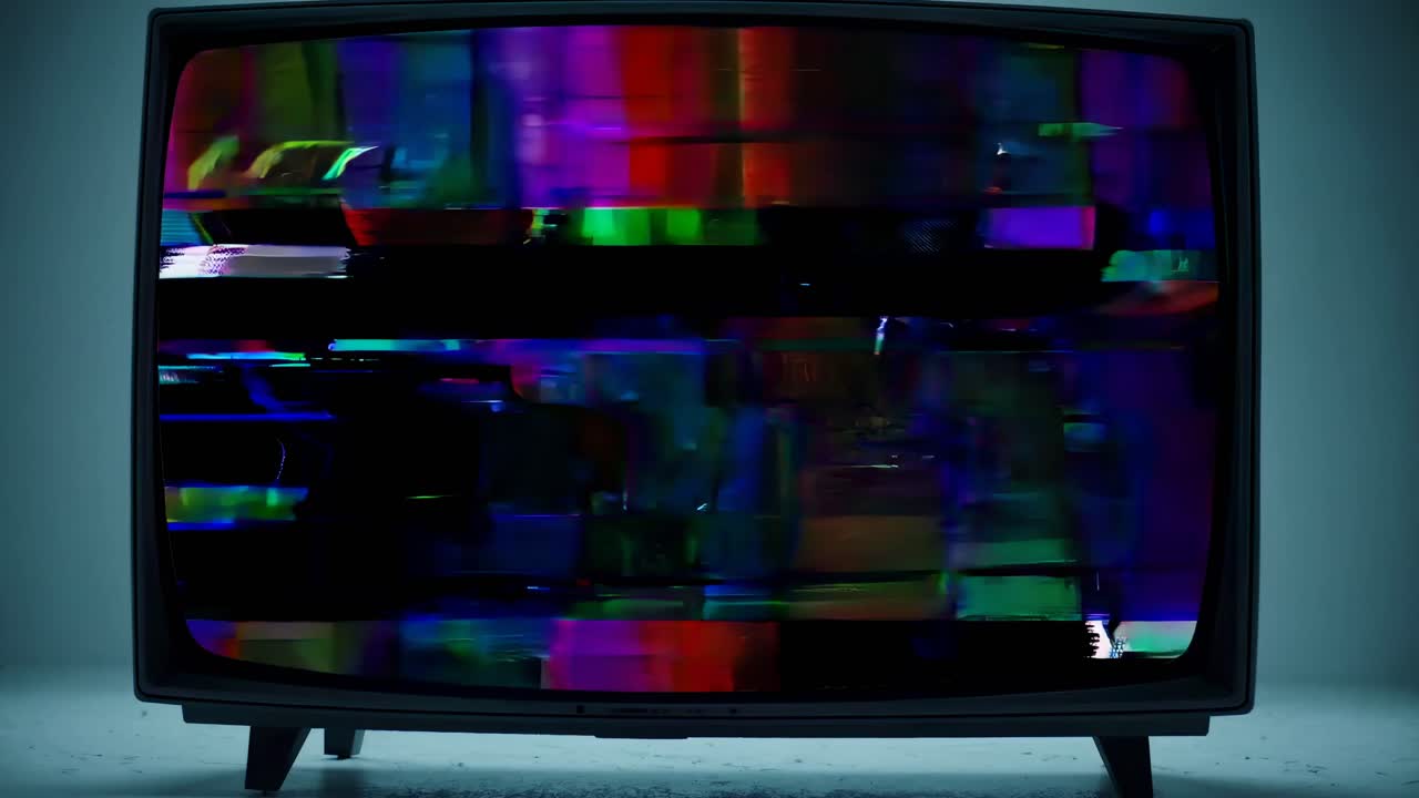 Retro TV displaying colorful glitch art from a low-angle view, capturing a nostalgic