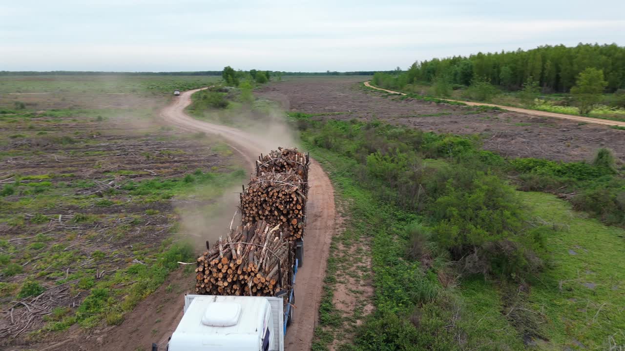 Aerial view loaded logging truck driving through rural dirt road, forestry supply chain