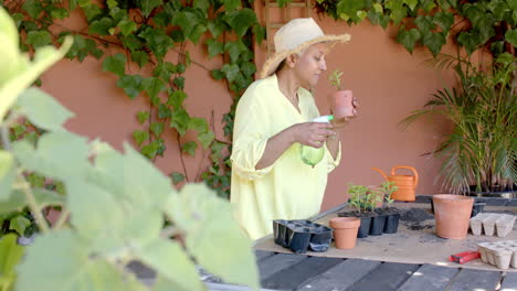 Happy-senior-biracial-woman-planting-and-watering-plants-in-pots-in-garden-at-home,-slow-motion