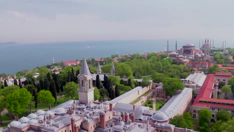 topkapi palace,  hagia sophia mosque view,  drone video with bosphorus view