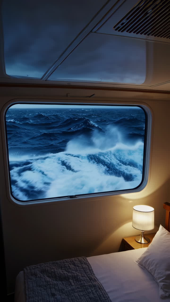 Stormfull natt på sjøen fra lugarvindu