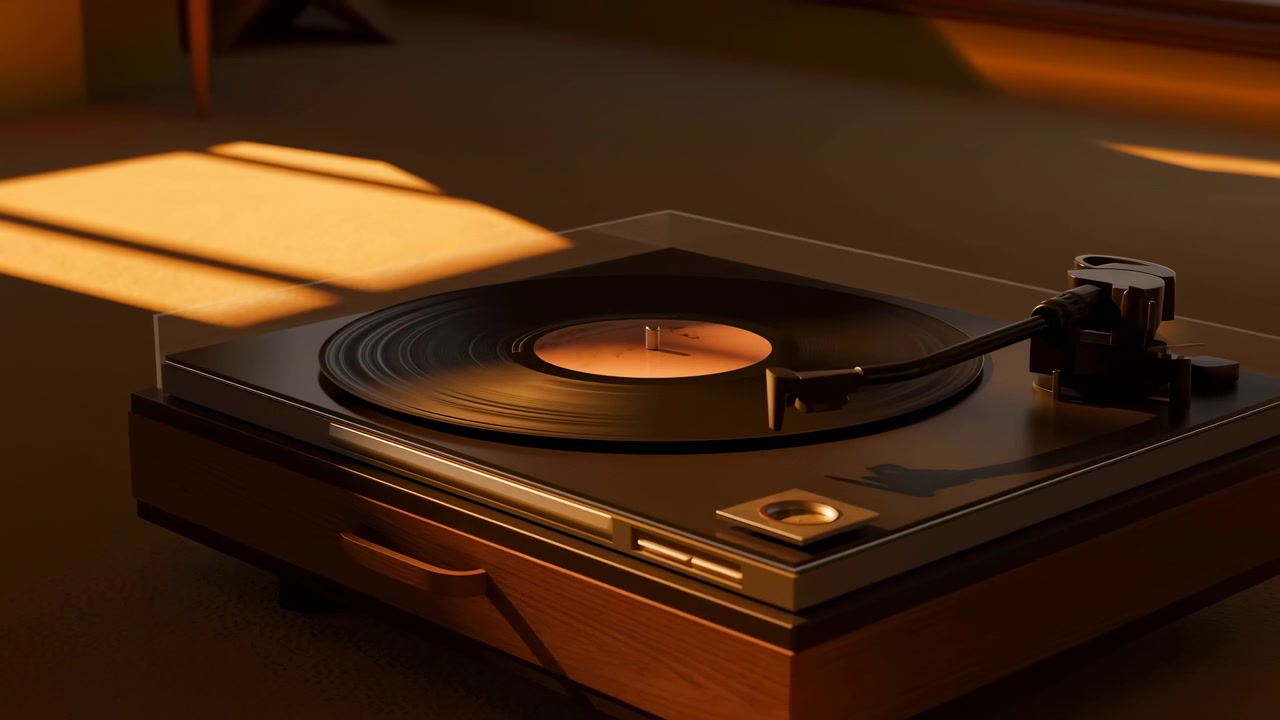 Close-up em ângulo baixo de um toca-discos vintage com um disco de vinil tocando enquanto o braço se move para dentro em direção ao prato, agulha tocando o sulco, com luz solar quente, textura de madeira e reflexos brilhantes.