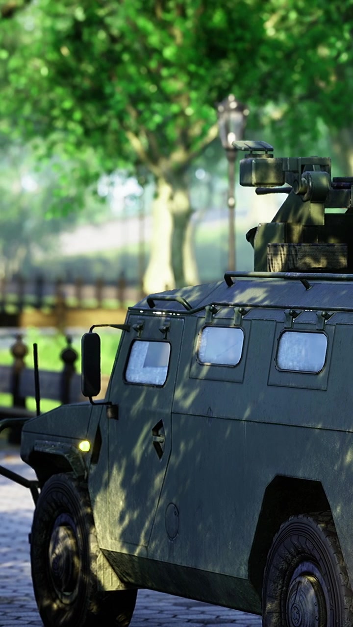 Military vehicle parked in urban area near trees and lamp posts
