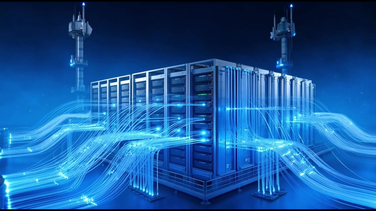 Data Center Server Racks with Glowing Fiber Optic Data Streams
