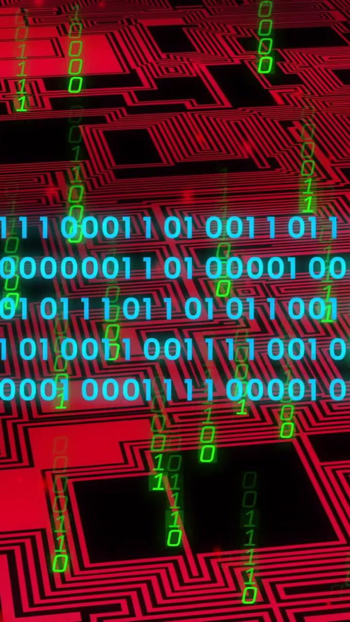 Animation of digital data processing binary coding over circuit board