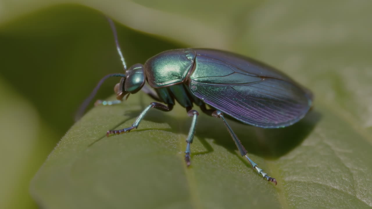 A close-up of an iridescent beetle on a leaf