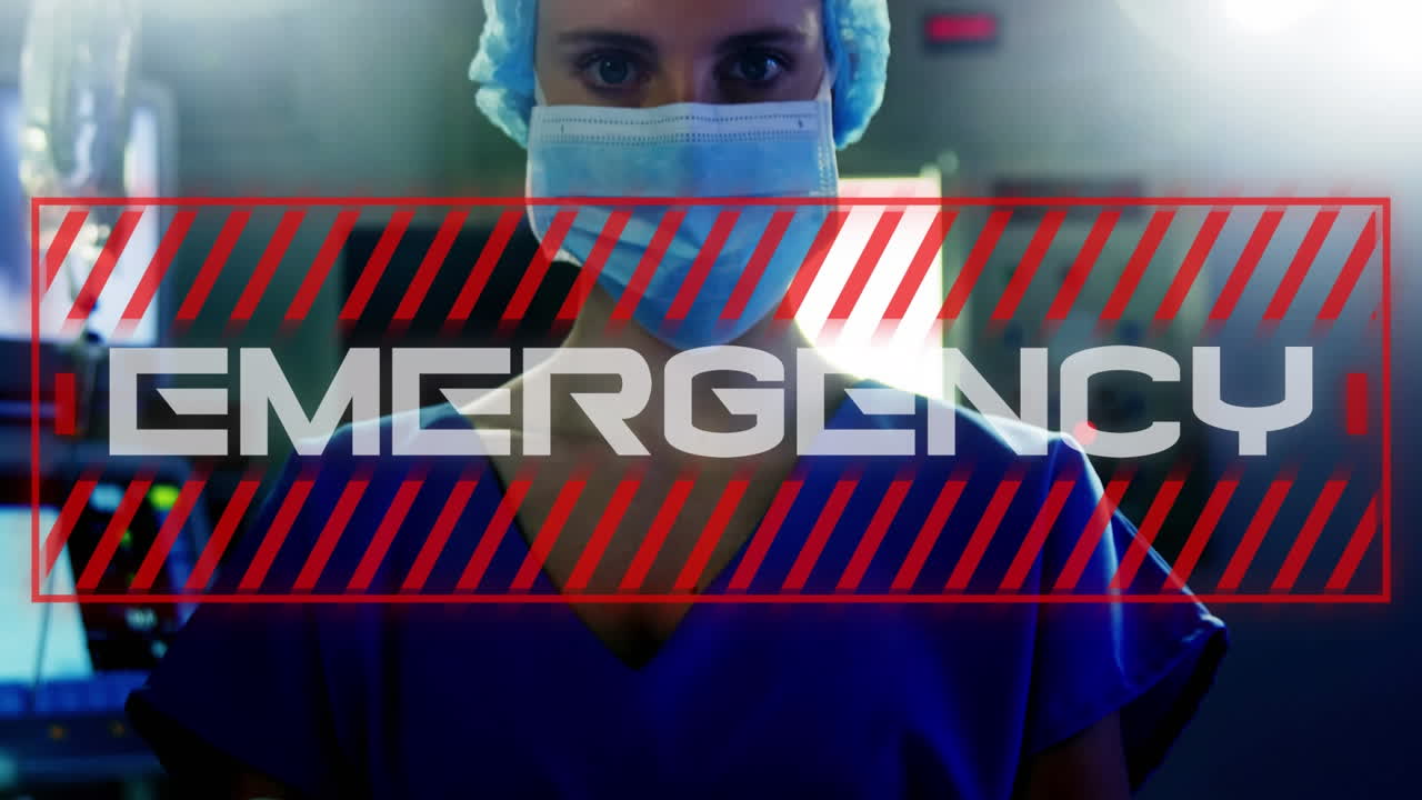 animación del texto de emergencia sobre el cirujano con máscara facial