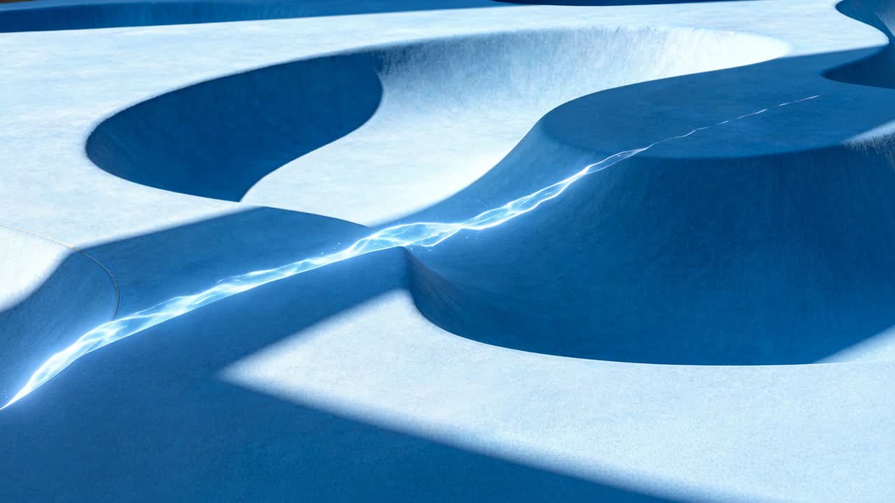 Recording sun angle shifting over blue concrete bowls at skatepark, bright seam reflection forming