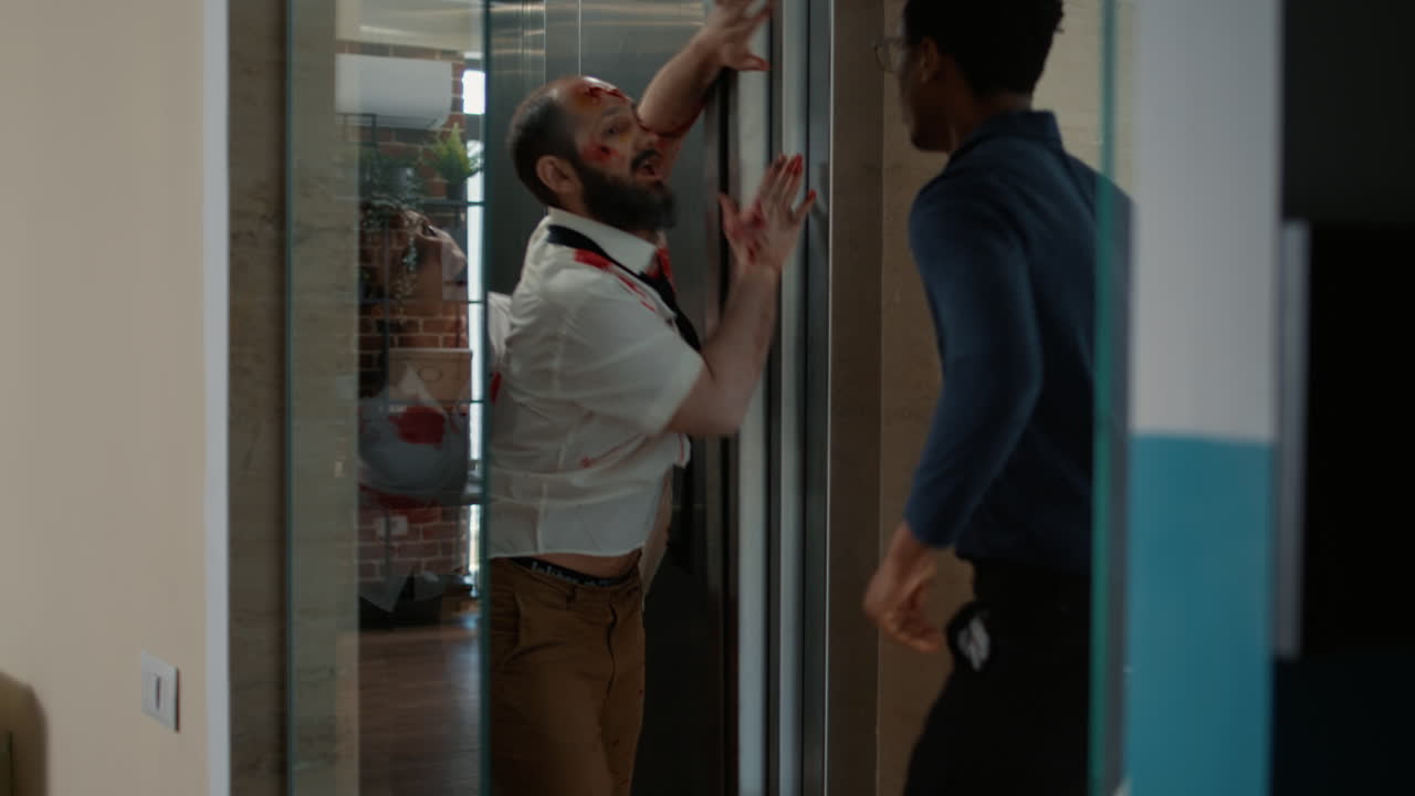 Office worker going home but starting to run when scary brain-eating zombies come out of elevator